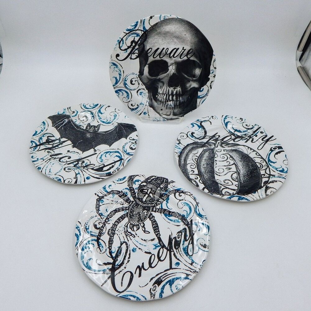 Pier 1 Imports Halloween Melamine Luncheon Plates 9 Inch Blue Black Set/4
